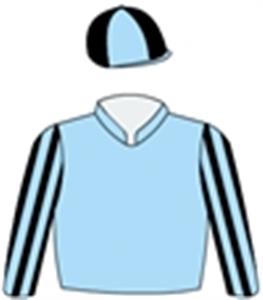 Light blue, black striped sleeves & quartered cap