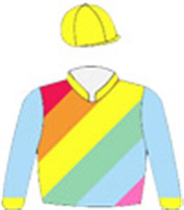 Red, orange, yellow, light green, sky blue & pink (rainbow colours) diagonal stripes, sky blue sleeves, yellow cuffs, collar & cap
