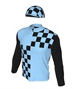 Sky blue, black checked quarters, black sleeves, chequered cap